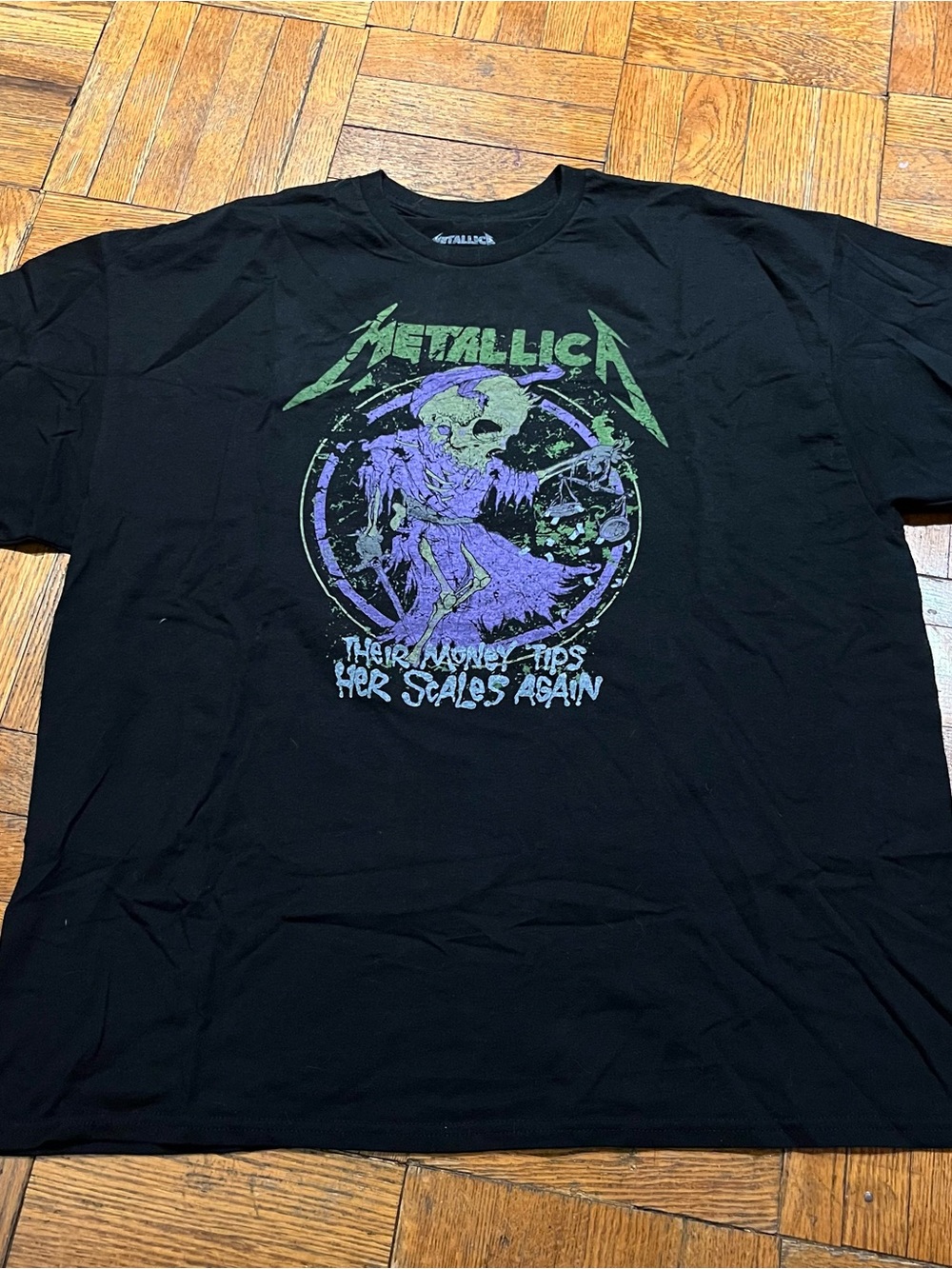(🧵3 for $30🧵) Black Graphic T-Shirt with Green and Purple Skeleton Print